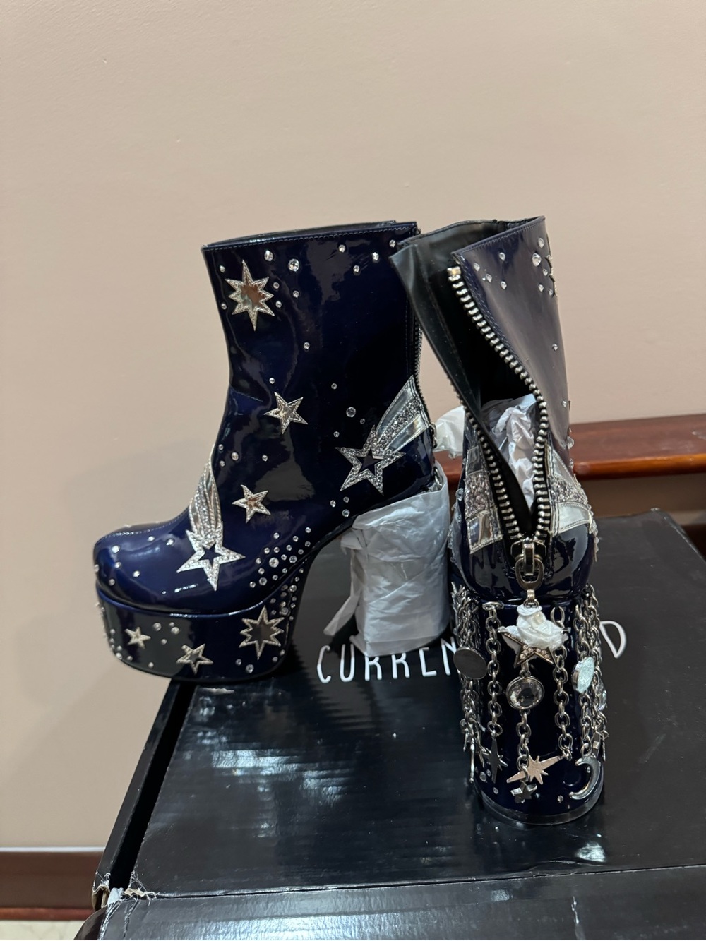 NWT Current Mood Navy Patent Platform Star-Embellished Ankle Boots